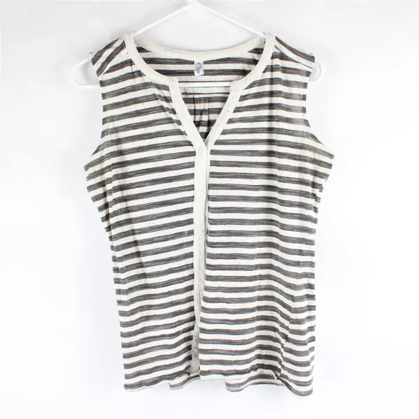 Great Northwest Indigo Women's Sleeveless Gray White Striped Button-Up Shirt Med