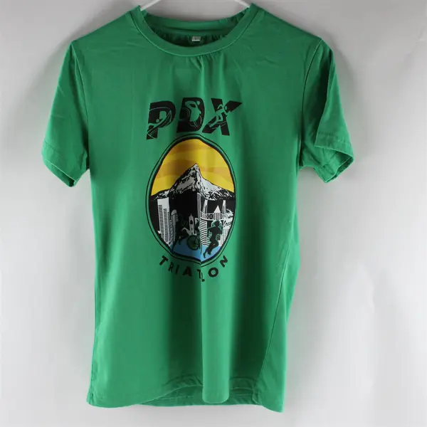 Women's L PDX Triathlon Graphic T-Shirt Green Cotton Tee