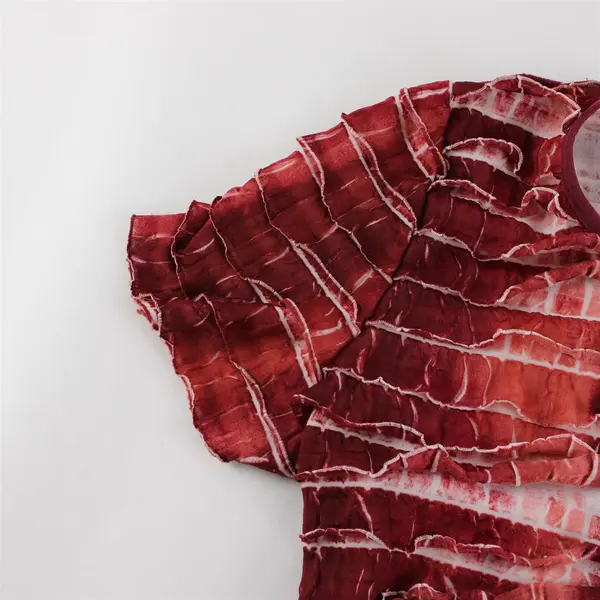 Notations Women's Red Tie-Dye Ruffled Short Sleeve Blouse Top Size M