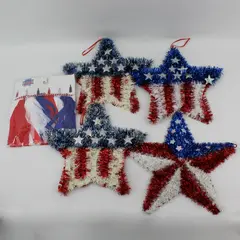 Lot of 4 Patriotic Plastic/Tinsel Star Wall Hangings & Patriotic Banner - New 
