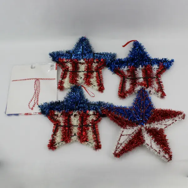 Lot of 4 Patriotic Plastic/Tinsel Star Wall Hangings & Patriotic Banner - New 