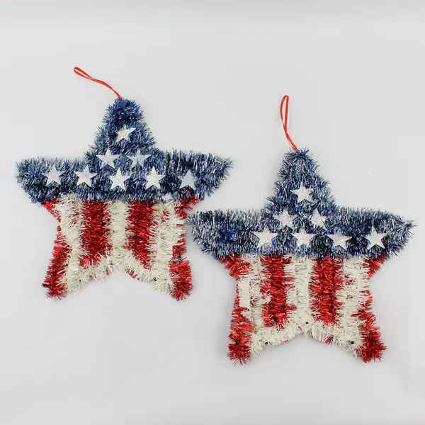 Lot of 4 Patriotic Plastic/Tinsel Star Wall Hangings & Patriotic Banner - New 