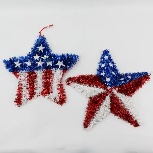 Lot of 4 Patriotic Plastic/Tinsel Star Wall Hangings & Patriotic Banner - New 