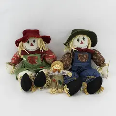Lot of 3 Cloth Scarecrow Dolls Autumn Thanksgiving Decor 6.5" and 19"