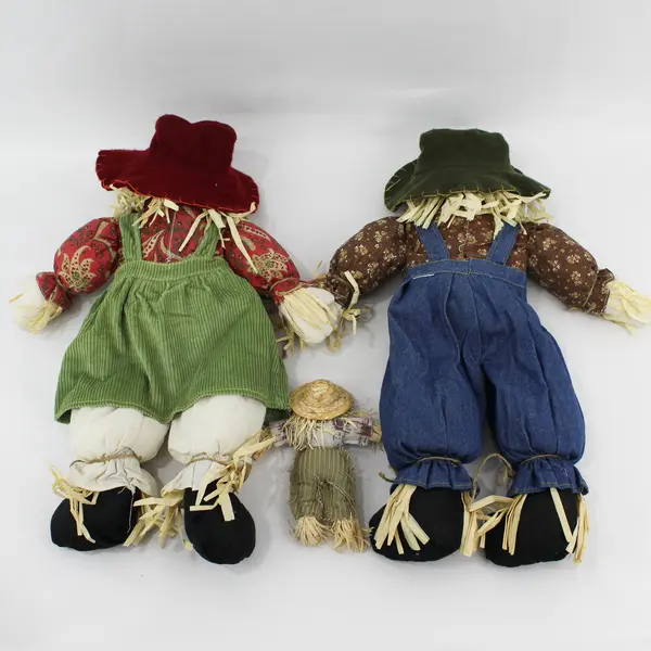 Lot of 3 Cloth Scarecrow Dolls Autumn Thanksgiving Decor 6.5" and 19"