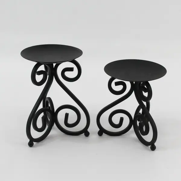 Lot of 2 Black Metal Pillar Candle Holders Swirl Pattern, 6" & 5" Tall 