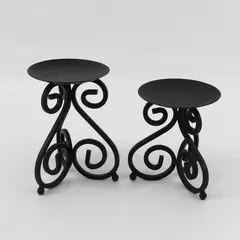 Lot of 2 Black Metal Pillar Candle Holders Swirl Pattern, 6" & 5" Tall 