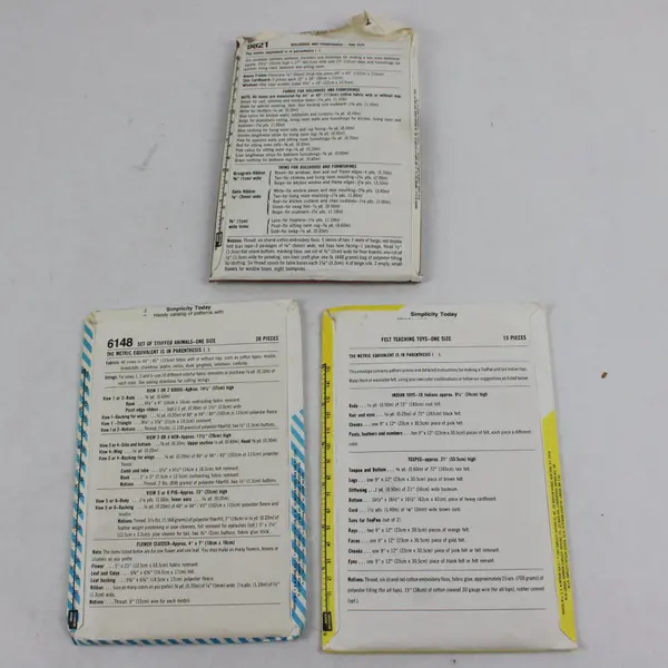 Lot of 3 Simplicity Sewing Patterns 6148 6100 9821 Stuffed Animals Dollhouse