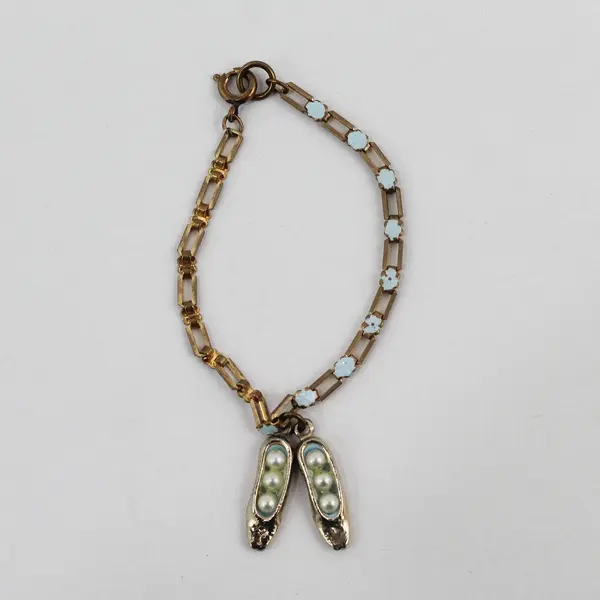 Gold Tone Bracelet With Enamel Flowers Silver Tone Peapods W/ Imitation Pearls