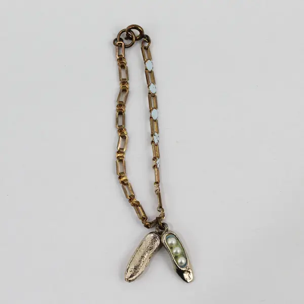 Gold Tone Bracelet With Enamel Flowers Silver Tone Peapods W/ Imitation Pearls