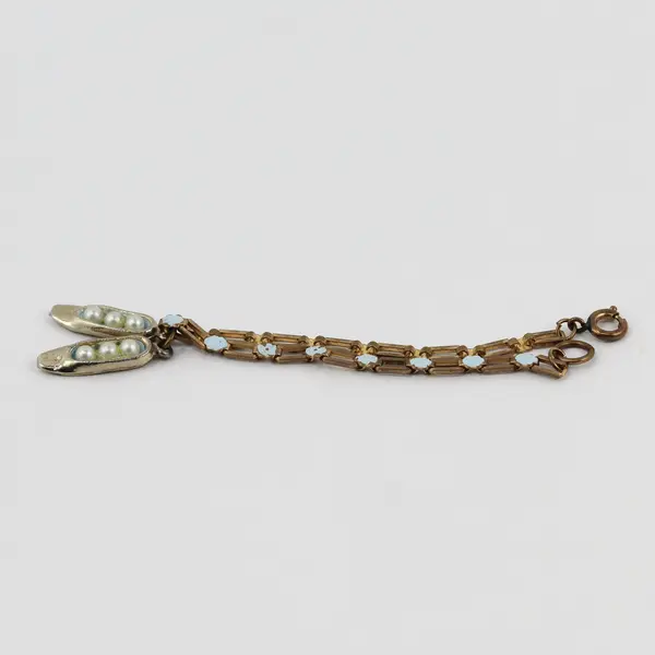 Gold Tone Bracelet With Enamel Flowers Silver Tone Peapods W/ Imitation Pearls