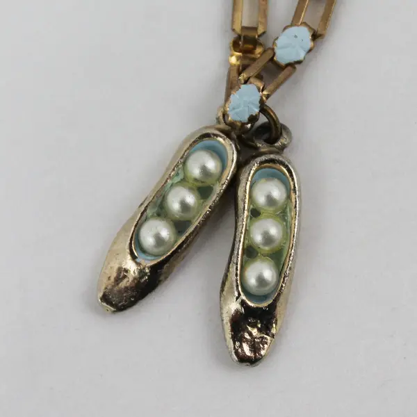 Gold Tone Bracelet With Enamel Flowers Silver Tone Peapods W/ Imitation Pearls