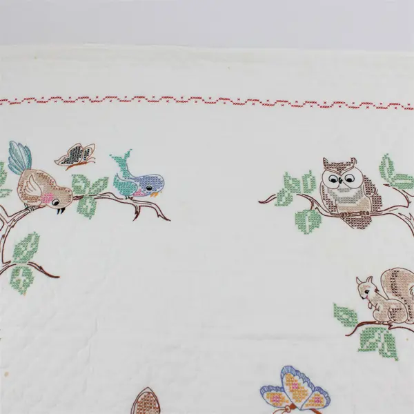 Woodland Animal Design Cross Stitch Embroidered Crib Bedspread 37" x 59" FLAWED