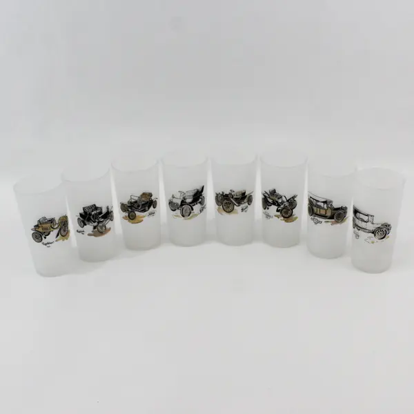 Set of 8 Vintage Hazel Atlas Frosted Antique Cars Drinking Glasses 