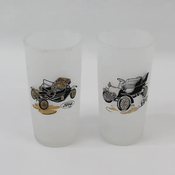 Set of 8 Vintage Hazel Atlas Frosted Antique Cars Drinking Glasses 