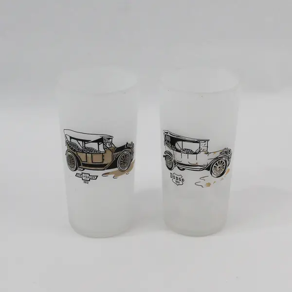 Set of 8 Vintage Hazel Atlas Frosted Antique Cars Drinking Glasses 