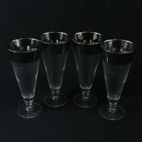 Set of 4 MCM Wide Silver Rimmed Pilsner Beer Glasses 7.5"