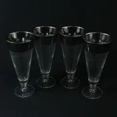 Set of 4 MCM Wide Silver Rimmed Pilsner Beer Glasses 7.5"