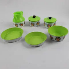 Lot of 8 Vintage Metal Toy Dish Set White Green Fruit Motif