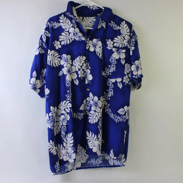 Blue White Hibiscus Hawaiian Shirt Floral Summer Beach Vacation Medium