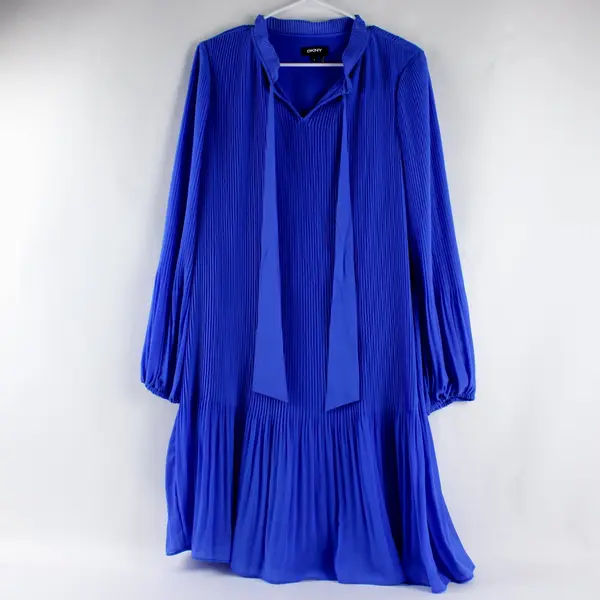 DKNY Indigo Pleated Midi Dress Long Sleeve Size 14