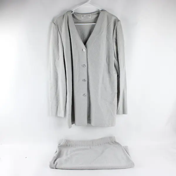 Vintage St John Collection by Marie Gray Grey/Blue Knit Top Skirt Set Women L/12