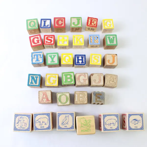 Vtg Lot of 34 Wooden Alphabet Building Blocks Letters & Numbers