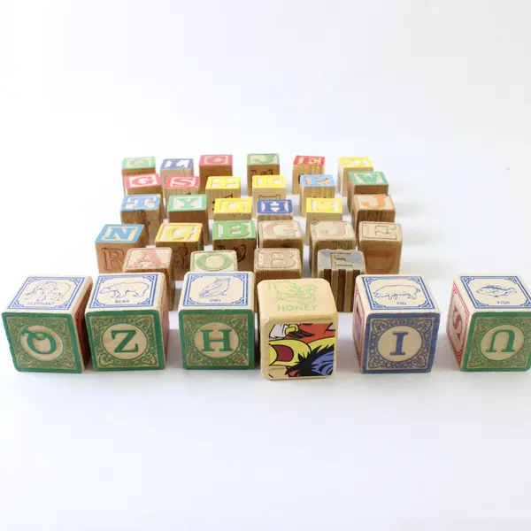 Vtg Lot of 34 Wooden Alphabet Building Blocks Letters & Numbers