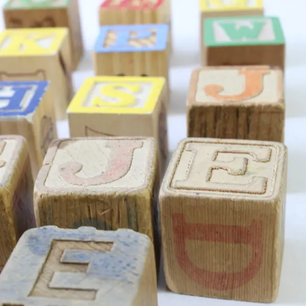 Vtg Lot of 34 Wooden Alphabet Building Blocks Letters & Numbers