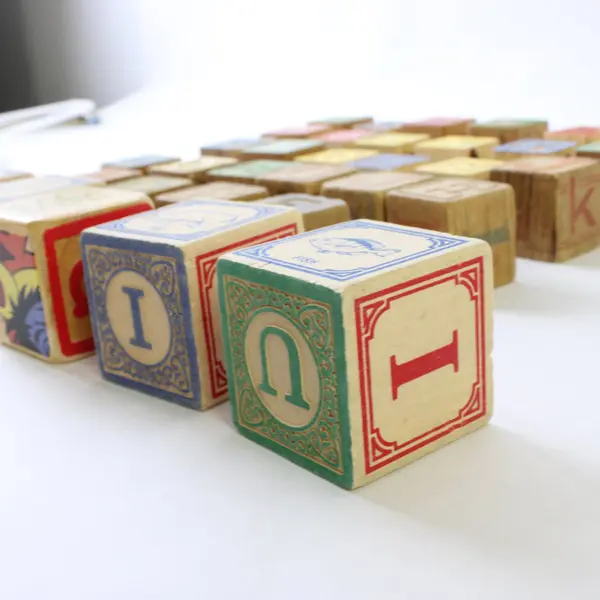 Vtg Lot of 34 Wooden Alphabet Building Blocks Letters & Numbers