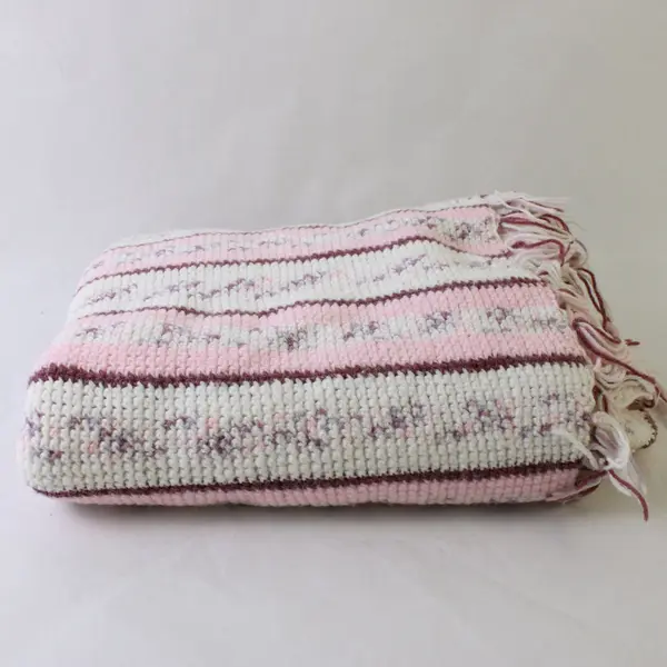 Vintage Handmade Knit Blanket Pink, Purple, & Cream - 56"Lx50"W