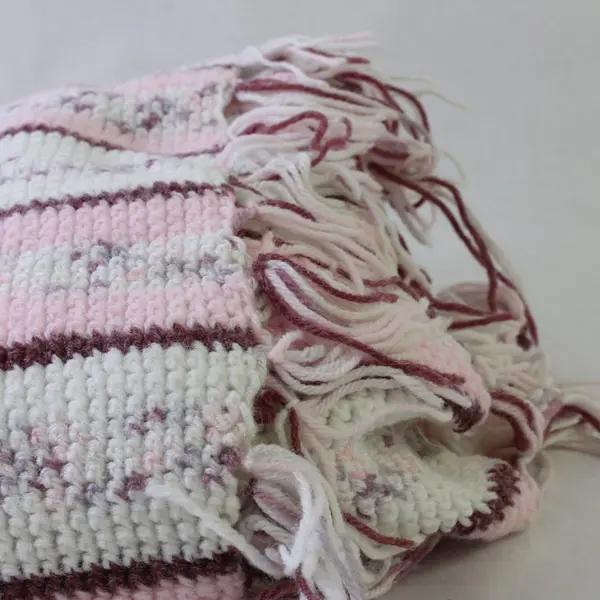 Vintage Handmade Knit Blanket Pink, Purple, & Cream - 56"Lx50"W