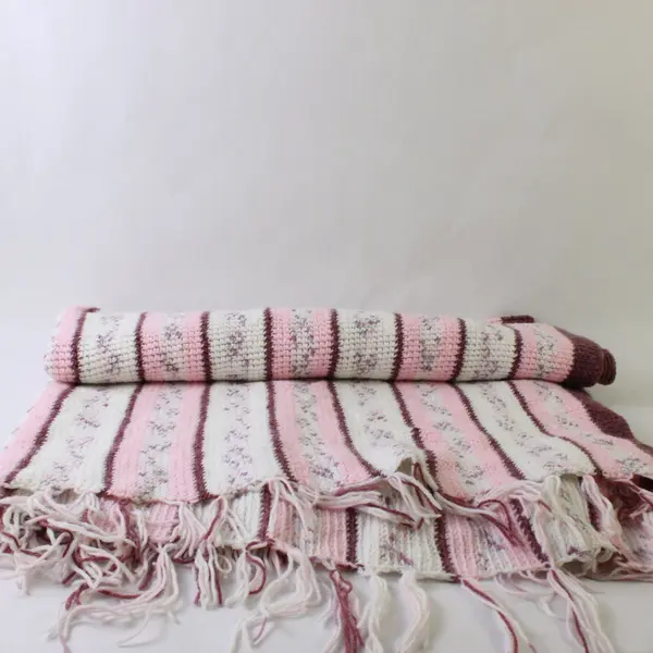 Vintage Handmade Knit Blanket Pink, Purple, & Cream - 56"Lx50"W