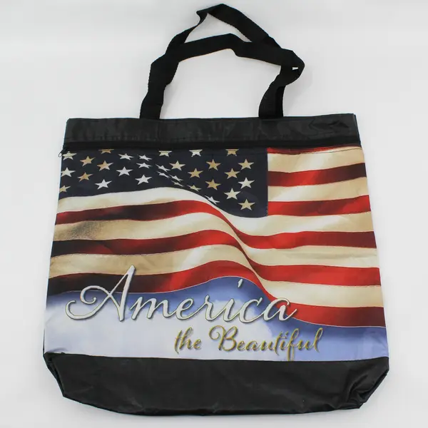 America the Beautiful Flag Lightweight Nylon Tote Bag Zipper Pocket 17"x16.8"