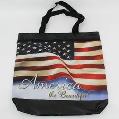 America the Beautiful Flag Lightweight Nylon Tote Bag Zipper Pocket 17"x16.8"