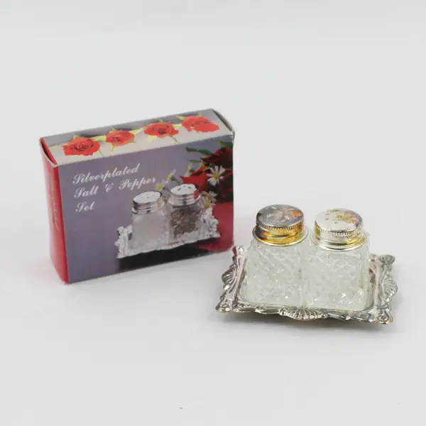 Vintage Small Glass Salt & Pepper Shakers on Silver-Plated Tray w/ Box