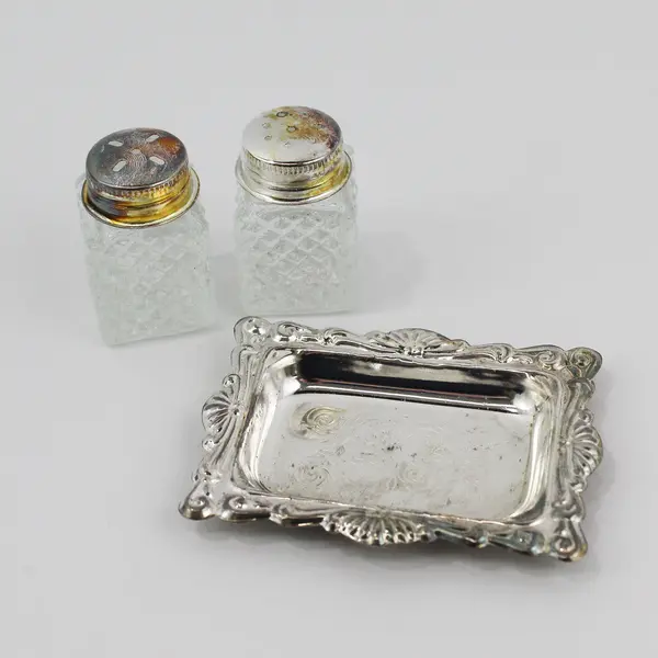 Vintage Small Glass Salt & Pepper Shakers on Silver-Plated Tray w/ Box