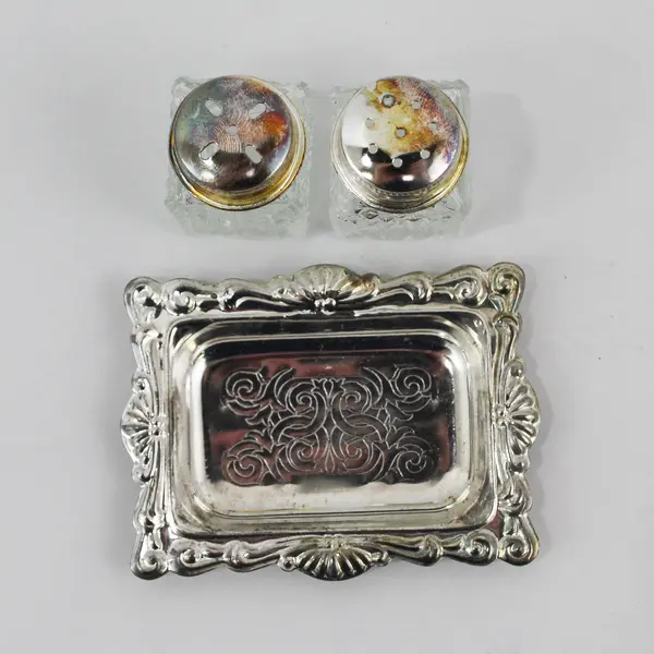 Vintage Small Glass Salt & Pepper Shakers on Silver-Plated Tray w/ Box