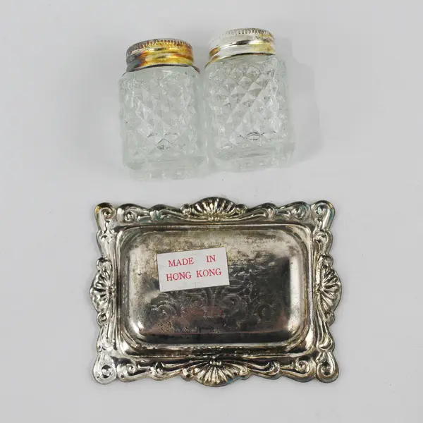 Vintage Small Glass Salt & Pepper Shakers on Silver-Plated Tray w/ Box