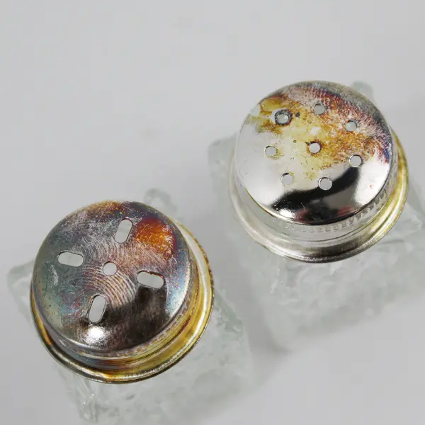 Vintage Small Glass Salt & Pepper Shakers on Silver-Plated Tray w/ Box