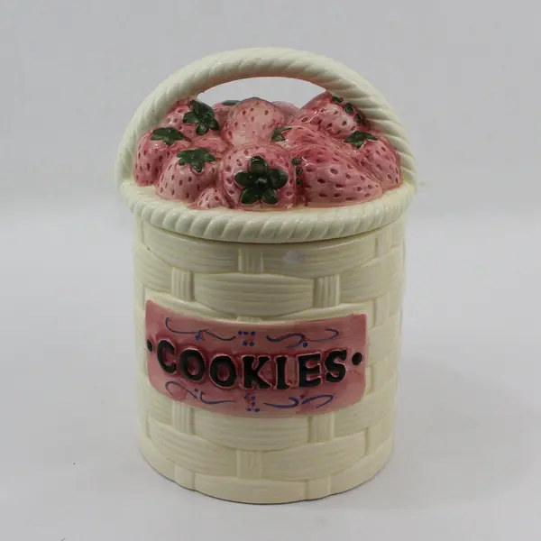 Large Strawberry Basket Ceramic Cookie Jar Beige and Pink Cute