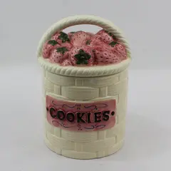 Large Strawberry Basket Ceramic Cookie Jar Beige and Pink Cute