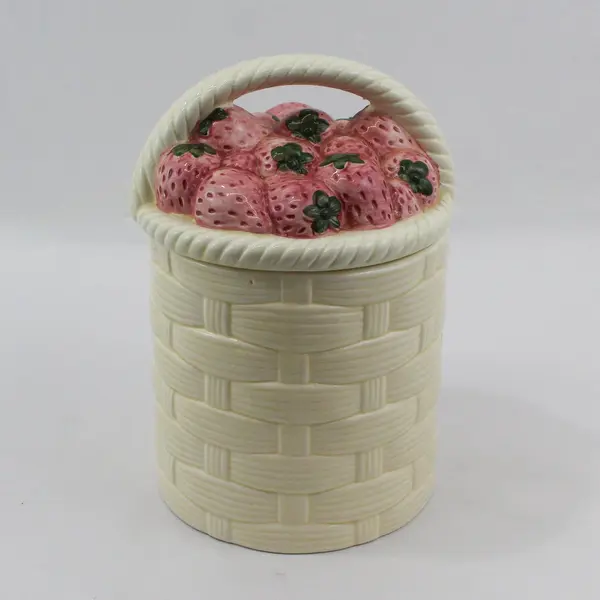 Large Strawberry Basket Ceramic Cookie Jar Beige and Pink Cute