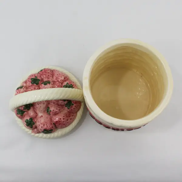 Large Strawberry Basket Ceramic Cookie Jar Beige and Pink Cute