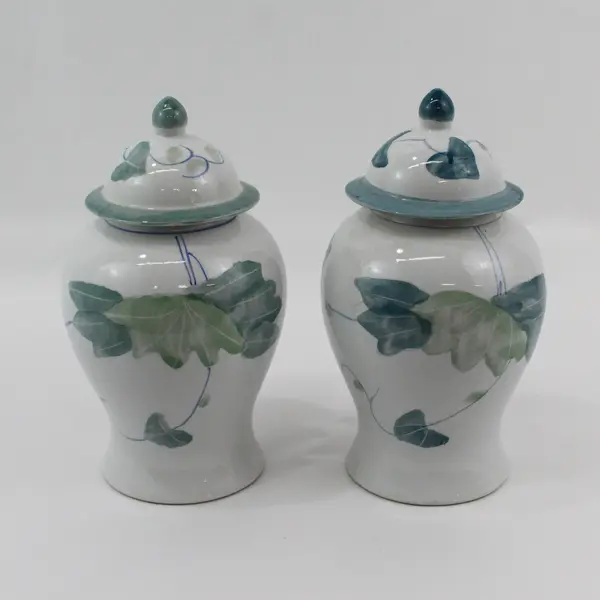Lot of 2 White Ceramic Ginger Jars With Green Trim Ivy Pattern 10" Tall