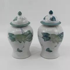 Lot of 2 White Ceramic Ginger Jars With Green Trim Ivy Pattern 10" Tall