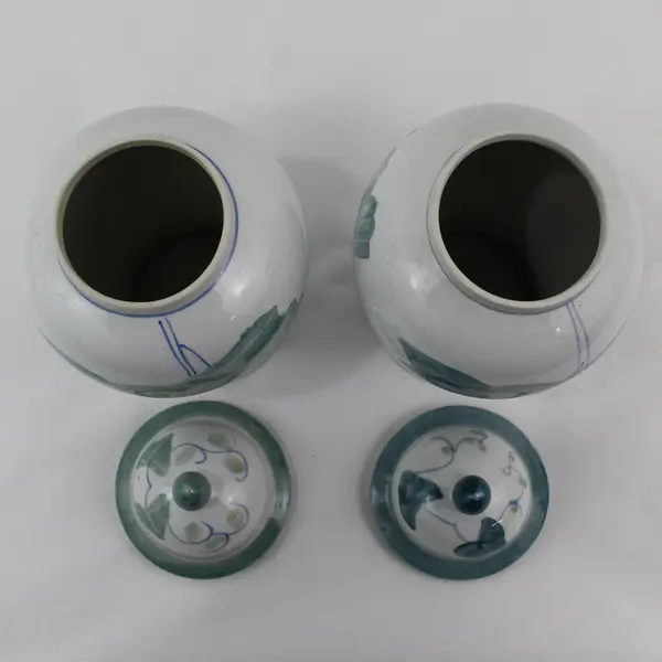 Lot of 2 White Ceramic Ginger Jars With Green Trim Ivy Pattern 10" Tall