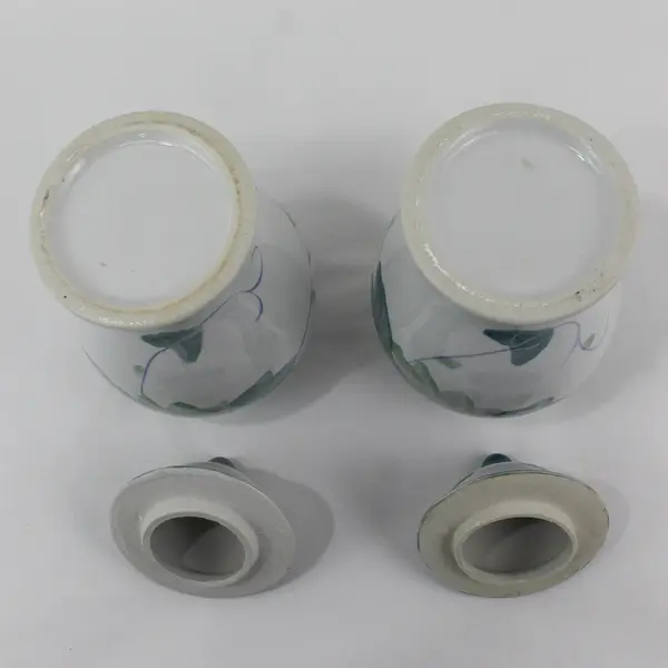 Lot of 2 White Ceramic Ginger Jars With Green Trim Ivy Pattern 10" Tall