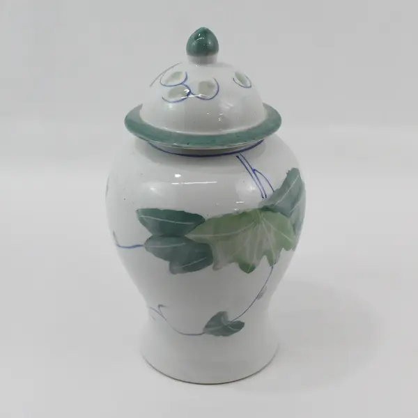 Lot of 2 White Ceramic Ginger Jars With Green Trim Ivy Pattern 10" Tall