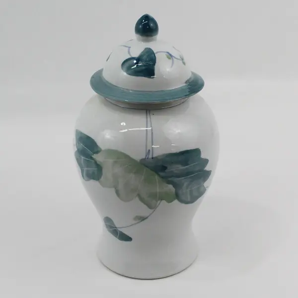 Lot of 2 White Ceramic Ginger Jars With Green Trim Ivy Pattern 10" Tall